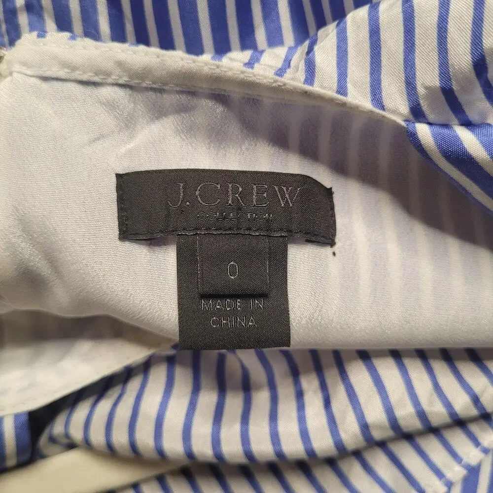 J.Crew Dress 0 Blue White Silk‎ Striped Ruffle Cold Shoulder Handkerchief Midi